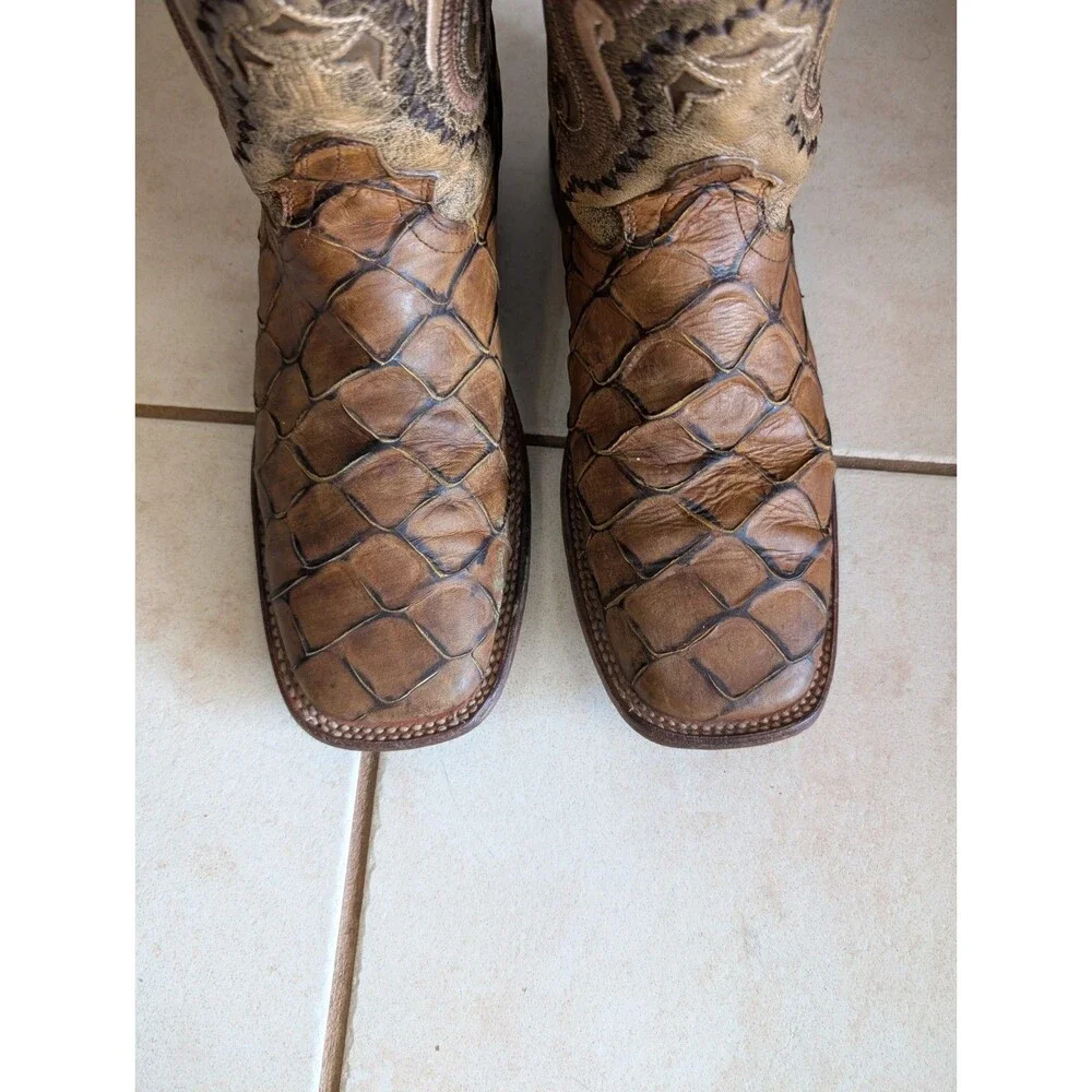 Soto Pirarucu Cowboy Boots Men's Size 9.5 Leather Brown Fish Exotic